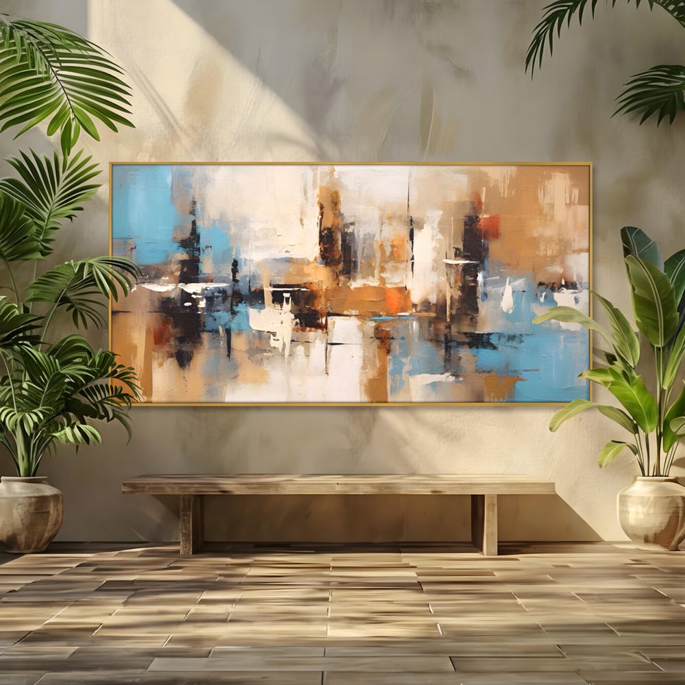 Tablou canvas cu pictura abstracta cu linii verticale, in rama de aluminiu auriu